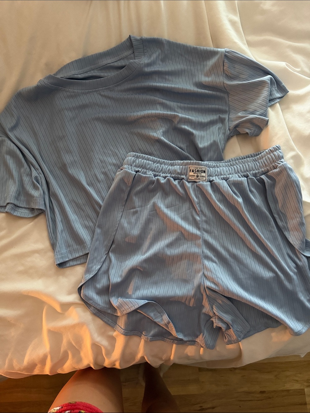 Women's Ribbed Lounge Set in Light Blue - Top & Shorts